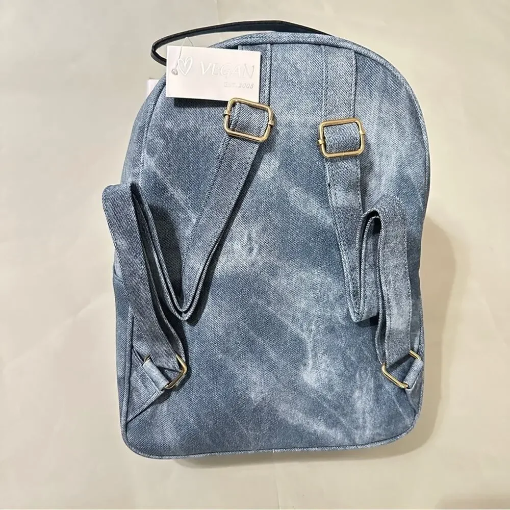 Vegan Quilted Denim Backpack – Gold Chain Accent | 100% Vegan-Friendly  ⸻